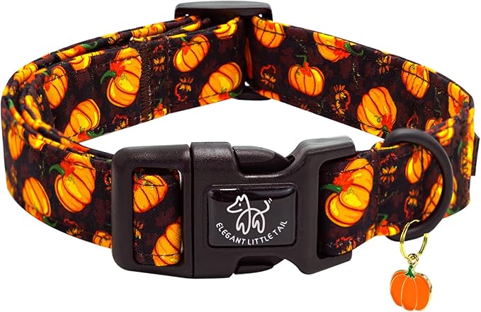 Elegant little tail Halloween Dog Collar, Pumpkin with Maple Leaf Print Fall Pet Collars Cotton Soft Sturdy Puppy Collars Holiday Female Adjustable Collar for Medium Dogs