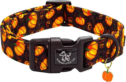 Elegant little tail Halloween Dog Collar, Pumpkin with Maple Leaf Print Fall Pet Collars Cotton Soft Sturdy Puppy Collars Holiday Female Adjustable Collar for Large Dogs