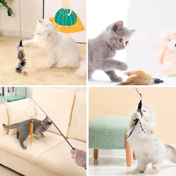 APSUAE Retractable Cat Wand Toys - Interactive Feather Wand with Bell for Indoor/Outdoor Cats, 8 Pack