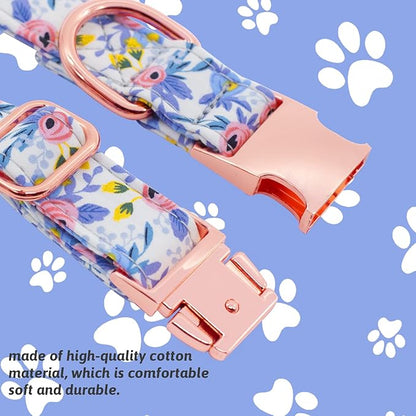 Dog Collar and Leash Set Girls Adjustable Puppy Collars with Floral Bow Tie for Small Medium Large Female Dogs, Blue Flower, L
