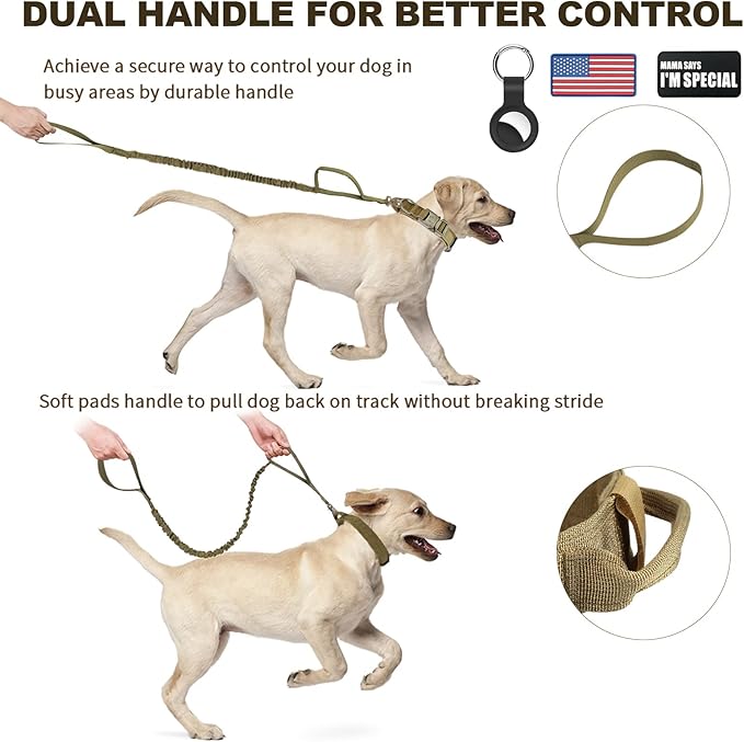 Tactical Dog Collar and Bungee Leash, Camo Military Dog Collar & Leash Set with USA American Flag Adjustable K9 Collar with Heavy Duty Metal Buckle & Handle,with Patches and Airtags Case (XL, Brown)