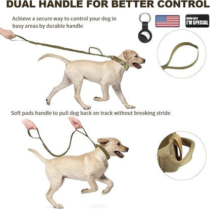 Tactical Dog Collar and Bungee Leash, Camo Military Dog Collar & Leash Set with USA American Flag Adjustable K9 Collar with Heavy Duty Metal Buckle & Handle,with Patches and Airtags Case (XL, Brown)