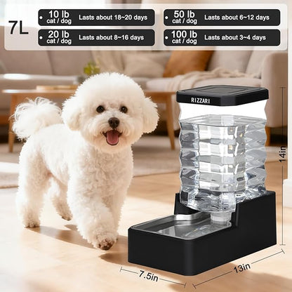 RIZZARI Stainless Steel Pet Waterer: 7L Black Gravity Fed Water Dispenser Leak-Proof for Senior Dogs Joint Care Home Owners - Bedroom Garden Use