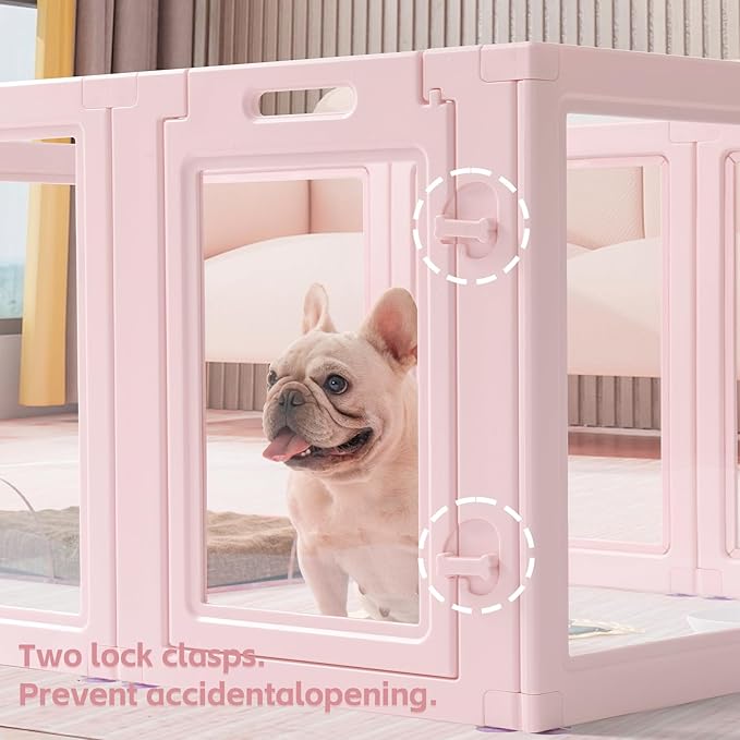 LoveTail DIY Clear Acrylic Dog Playpen House,Quick Easy Assembly and Disassembly,Strong Floor Suction,Indoor and Outdoor Use,Easy Cleansing Puppy Fence (Skin Pink, 23.6" H, 10PCS)