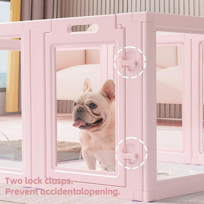 LoveTail DIY Clear Acrylic Dog Playpen House,Quick Easy Assembly and Disassembly,Strong Floor Suction,Indoor and Outdoor Use,Easy Cleansing Puppy Fence (Skin Pink, 23.6" H, 10PCS)