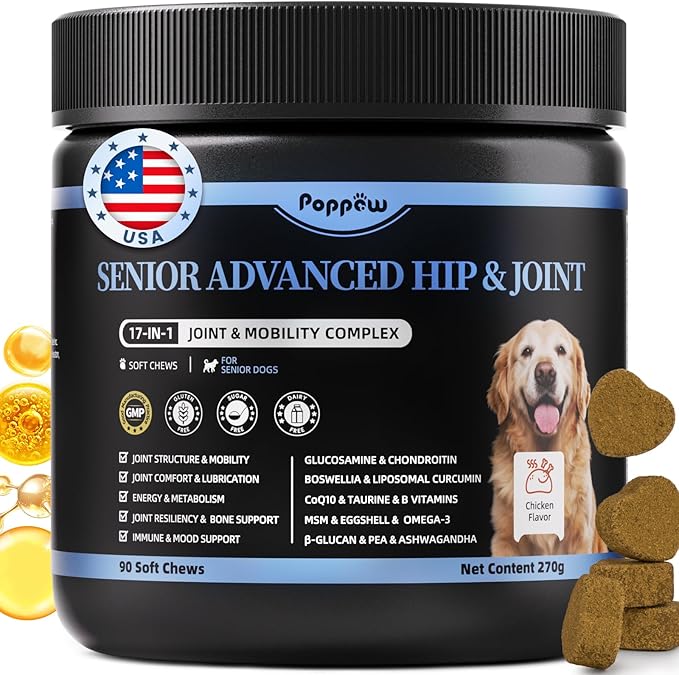 POPPAW Senior Advanced Joint Supplement for Dogs – 17-in-1 Glucosamine for Dogs with Chondroitin – Hip & Joint Pain Relief Pills – Mobility Support Chews – Large & Small Breeds - Chicken Flavor – 90Ct