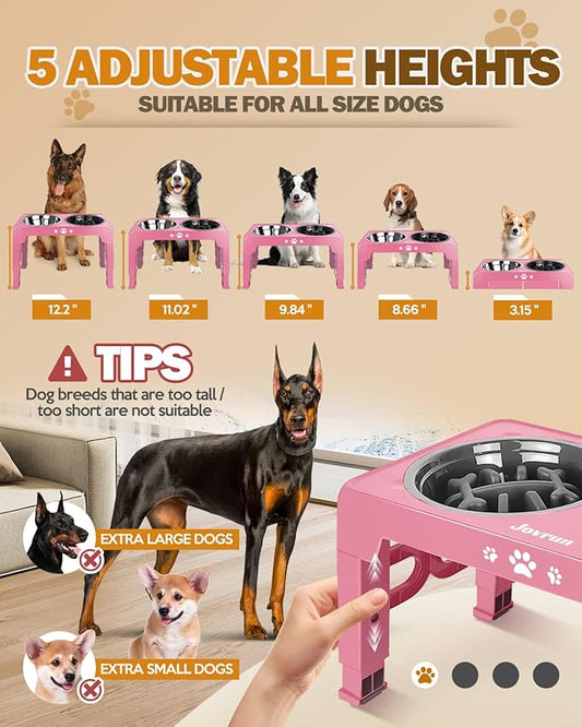 Elevated Dog Bowls, Dog Feeder with 1*Stainless Steel Dishes & 1*Slow Feeder Bowl, 5 Heights Adjustable Raised Stand for Medium Large, Food Dishes with Non-Slip Feet
