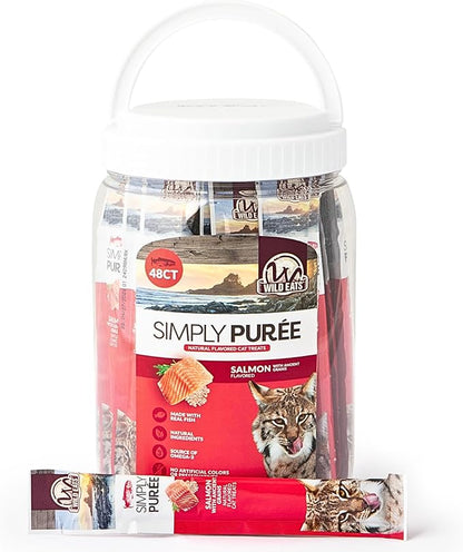 Wild Eats Simply Puree Salmon with Ancient Grains Tub for Cats | 48 Individual Servings | High-Protein, Grain-Enriched Cat Treat | All-Natural, No Artificial Additives | Smooth and Delicious Puree
