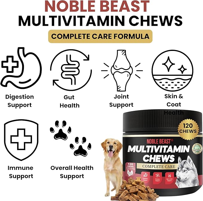 Noble Beast Dog Multivitamin Supplements, Soft Chews with Probiotics, Glucosamine Chondroitin Joint Support, Digestive Enzymes, Immune Support Vitamins for Skin & Coat, Chicken Flavor - 120 Count