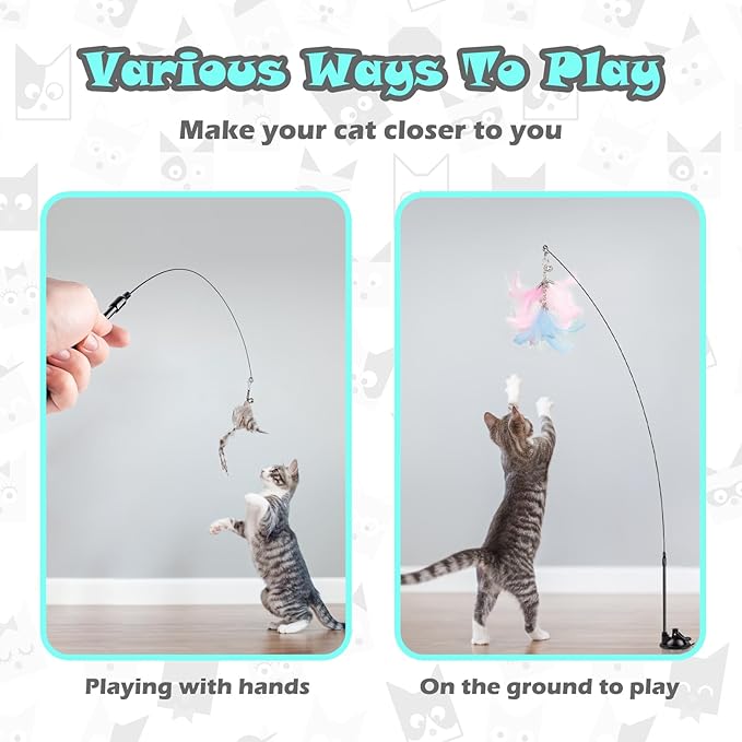 Greoil Interactive Cat Toys for Bored Indoor Adult Cats, 3 in 1 Cat Toys for Bored Cats,7 Pack Cat Teaser Cat Toys, Cats Toy Feather, Super Suction Cup Detachable with Balls and Birds