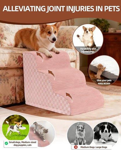 Dog Stairs Ramp for Couch 15.7”H, 3-Step Pet Stairs for Small Dogs with High Density Foam, Dog Slope Stairs with Durable Non-Slip Bottom for Puppy Pink