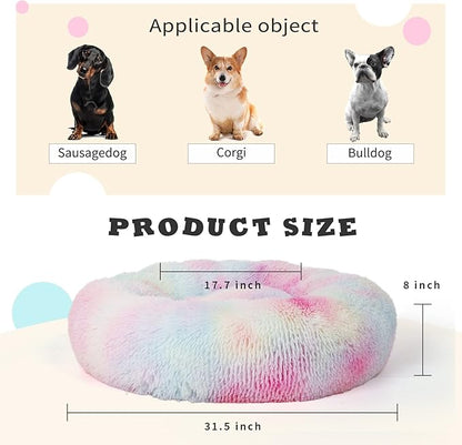 Calming Dog Bed for Medium Dogs Washable Donut 30 inches Anti-Slip Pet Bed,Round Fluffy Plush Faux Fur Cat Bed,Fits up to 45 lbs Pets,Multi Colored
