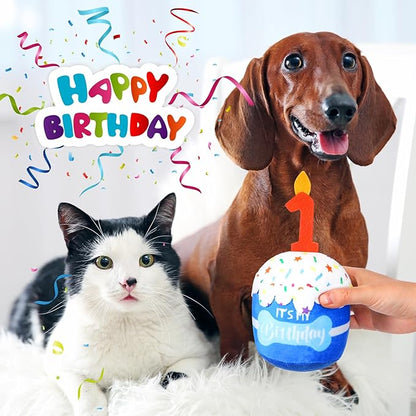 Dog Birthday Cake Toy Accessories for Girl Boy Gifts, Squeaky Plush Toy for Dog Birthday Party Decor Favor for Large, Medium and Small Dogs (1st,Blue)