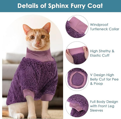 SUNFURA Sphynx Cat Sweater, Hairless Cats Turtleneck Pullover Kitten Sweaters for Cats Only, Warm and Soft Cat Pajamas Shirt with Sleeves Pet Winter Clothes Fleece Jumpsuit for Puppy, Purple L