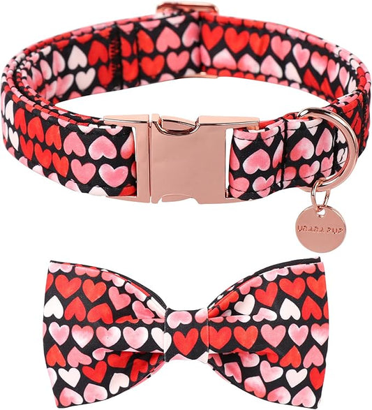 Valentine’s Day Dog Collar with Bow Tie, Red Heart Bowtie Collar with Metal Buckle, Valentine’s Day Gift Adjustable Pet Collar for Puppy Girl Boy Dog or Cat, XL, Neck 16-26in