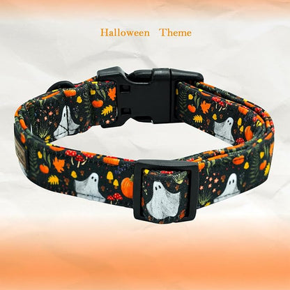 Elegant little tail Halloween Dog Collar, Pumpkin with Ghost Print Black Halloween Pet Collars Cotton Soft Sturdy Puppy Collars Holiday Female Adjustable Collar for Large Dogs