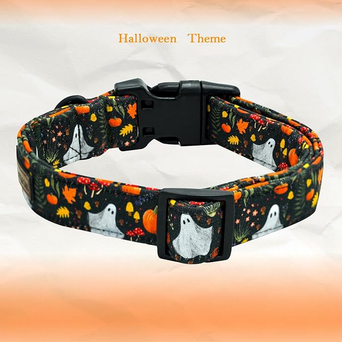 Elegant little tail Halloween Dog Collar, Pumpkin with Ghost Print Black Halloween Pet Collars Cotton Soft Sturdy Puppy Collars Holiday Female Adjustable Collar for Medium Dogs