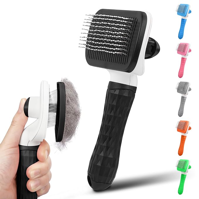 PWOD Dog & Cat Brush, Black Self Cleaning Slicker Brush for Pets, Upgraded Dog Brush for Shedding Massaging and Grooming, Removes Loose Undercoat & Portable Comb for Long Short Haired Dogs
