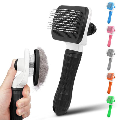 PWOD Dog & Cat Brush, Black Self Cleaning Slicker Brush for Pets, Upgraded Dog Brush for Shedding Massaging and Grooming, Removes Loose Undercoat & Portable Comb for Long Short Haired Dogs