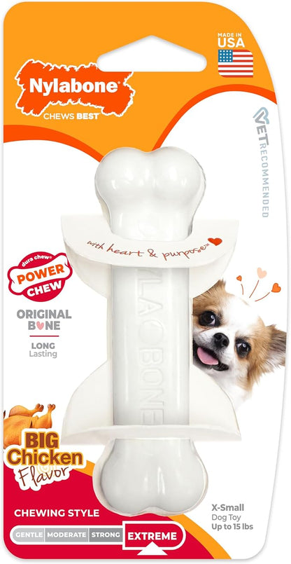 Nylabone Power Chew Classic Bone Chew Toy for Dogs, Durable Dog Toys for Aggressive Chewers, Chicken Flavor, X-Small/Petite - Up to 15 lbs. (1 Count)