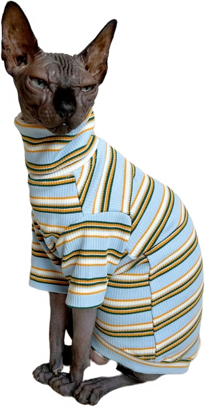 Turtle Neck Vintage Stripes Sphynx Hairless Cat Cotton T-Shirts Pet Clothes Vest Kitten Shirts Sleeveless, Cats & Small Dogs Apparel (Light Blue, XL (9-12.5 lbs))