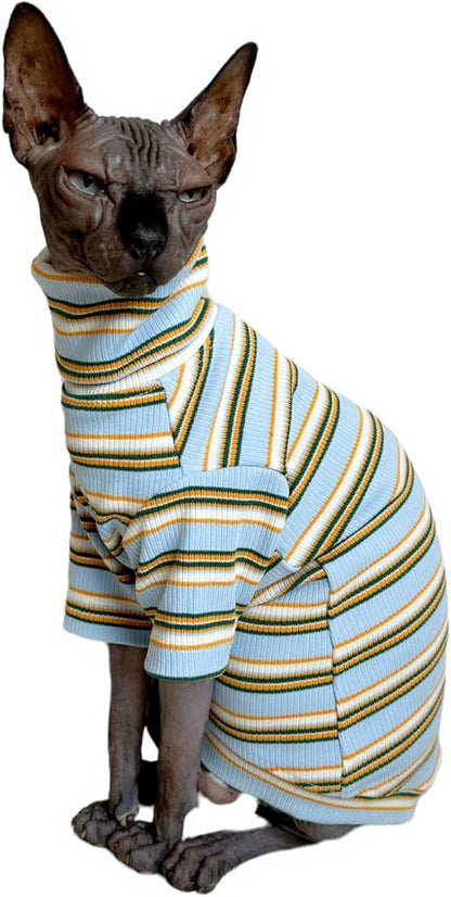 Turtle Neck Vintage Stripes Sphynx Hairless Cat Cotton T-Shirts Pet Clothes Vest Kitten Shirts Sleeveless, Cats & Small Dogs Apparel (Light Blue, S (3.3-5 lbs))