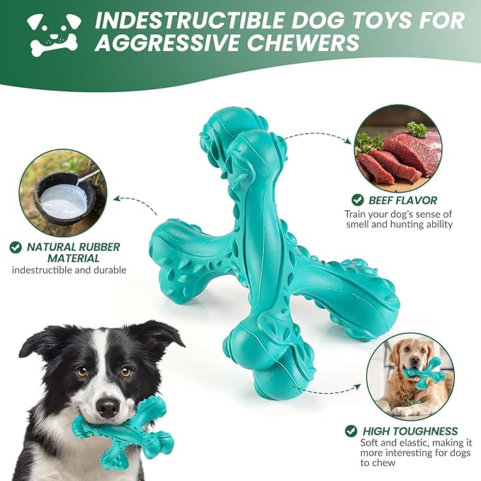 CVALIN Dog Chew Toys for Aggressive Chewers Large Breed,Indestructible Bones Toy，Durable Cleaning Toothbrush Natural Rubber Dog Toys… (Blue)