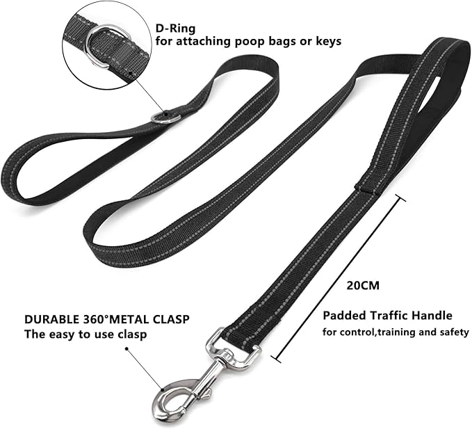 6 FT Dog Leash with 2 Padded Handle Nylon Reflective Dogs Leashes for Small Medium Large Dogs Black