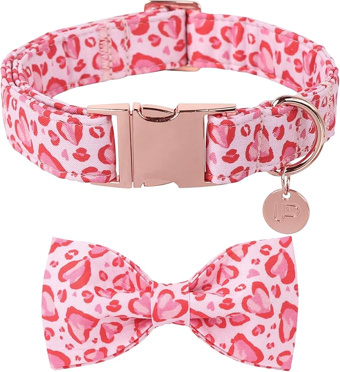 UP URARA PUP Valentine’s Day Dog Collar with Bow Tie, Pink Heart Bowtie Collar with Metal Buckle, Valentine’s Day Gift Pet Collar for Puppy Girl Boy Dog or Cat, Wedding Dog Collar,XL, Neck 16-26in
