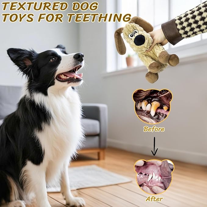 MeetYooo Squeaky Stuffed Dog Toys, Chew Toy for Large Medium Small Breeds, Plush Dog Toys to Keep Them Busy, Puppy Teething Dog Toy, Crinkle Dog Toy (Khaki Dog)