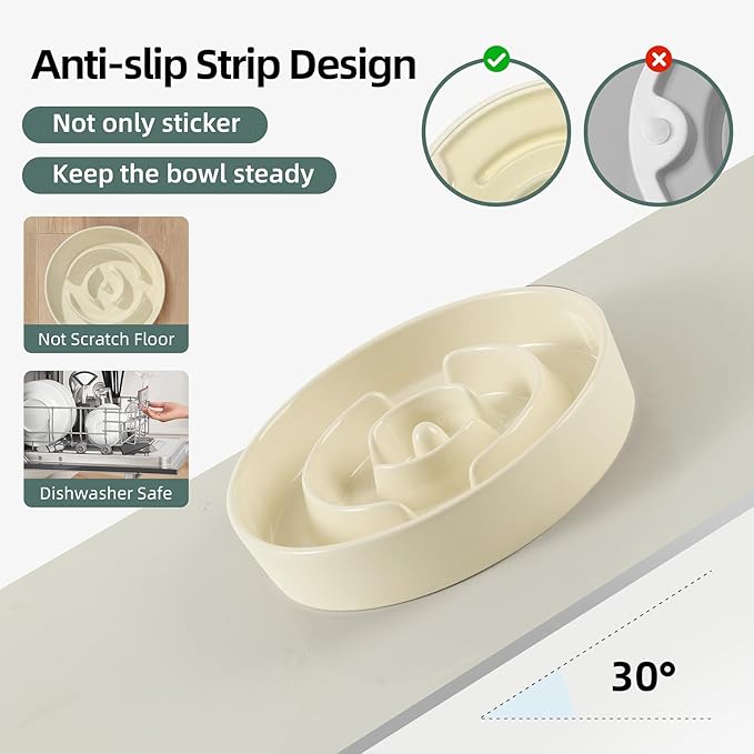 Ceramic 1.2 Cup Raised Slow Feeder Dog Bowl Set, Elevated 6.1inch Bowl and 7.3inch Puzzle Slow Food Dish with Wooden Stand for Medium and Small Dog, Anti-Gulping (2 x Beige+ Stand)