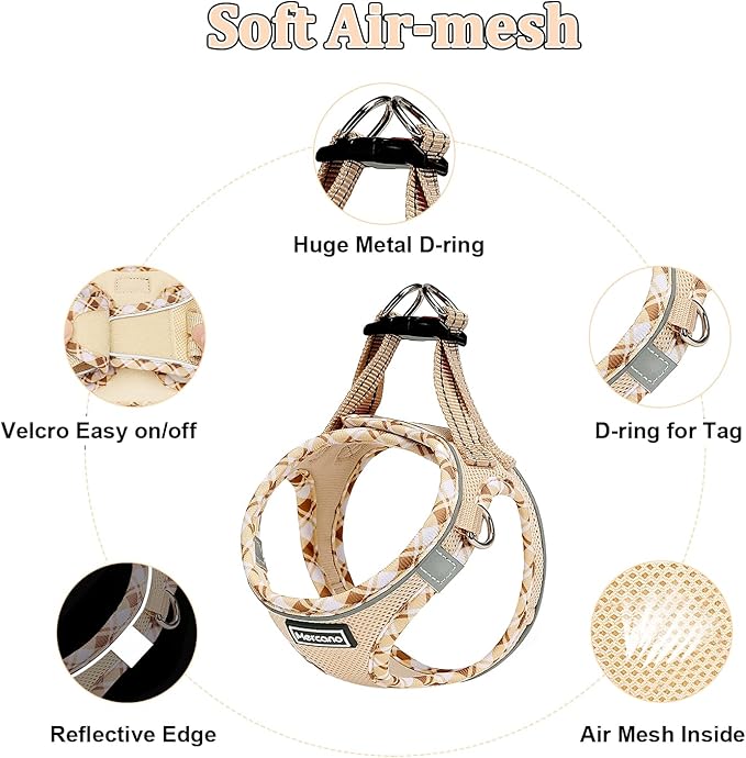 Mercano Soft Mesh Dog Harness and Leash Set, No-Chock Step-in Reflective Breathable Lightweight Easy Walk Vest Harnesses with Safety Buckle for Small Dogs, Cats (Beige, XS)