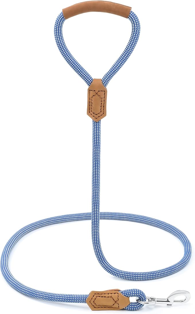 Mile High Life | Premium Leather Dog Leash | Strong Rope Leash | Leather Handle | Zinc Alloy Strong Clasp | Small Medium Large Dogs | 4/5/6 Feet(Blue White, 48 Inch (Pack of 1))