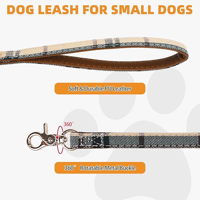 KOOLTAIL Small Dog Collar and Leash Set with Bowtie and Bells, Cute Embroidery Puppy Bandana Collar Collar and Leash with Classic Plaid Pattern,Soft Leather Tangle Free Leashes for Small Dogs,Boy Girl