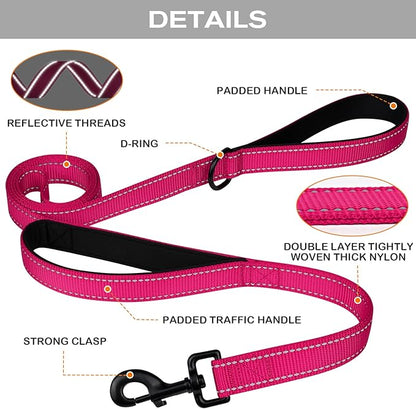 Joytale Dog Leash Heavy Duty for Large Dogs That Pull, Double Handle for Traffic Control, Double-Sided Reflective Leashes for Large Medium Dogs Night Safety, 4FT, Hot Pink