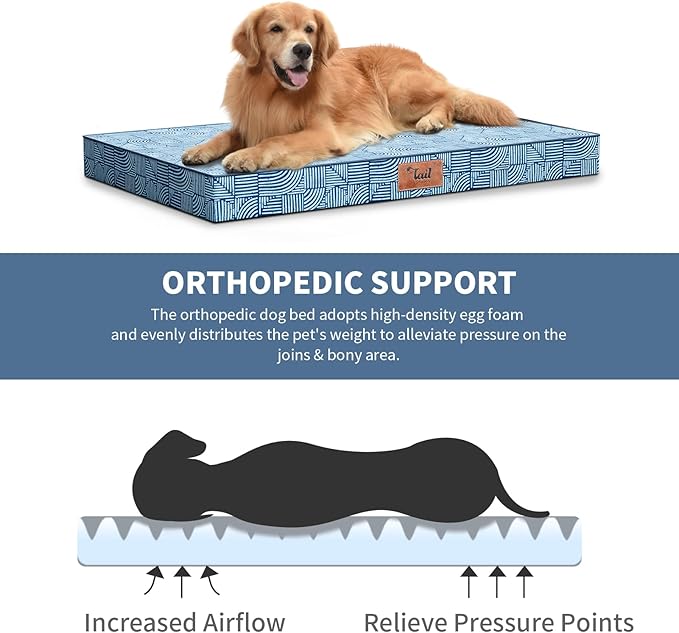 Tail Stories Outdoor Orthopedic Dog Bed for Extra Large Dogs, XL Waterproof Flat Pet Bed 44x32 Inch, Egg Crate Foam with Removable Washable Oxford Cooling Cover, White Blue