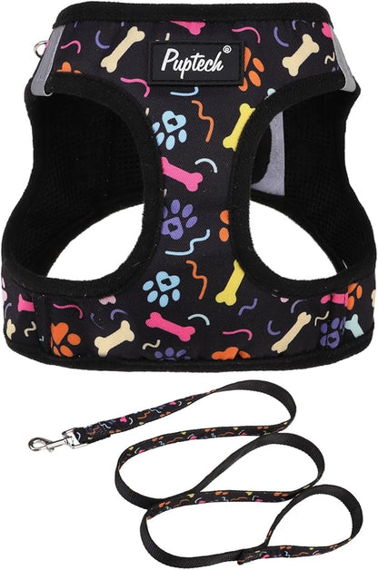 PUPTECK Dog Harness and Leash Set for Small Medium Dogs No Pull Step-in Soft Mesh Puppy Cat Vest Harnesses Reflective at Night, Black Paw, M
