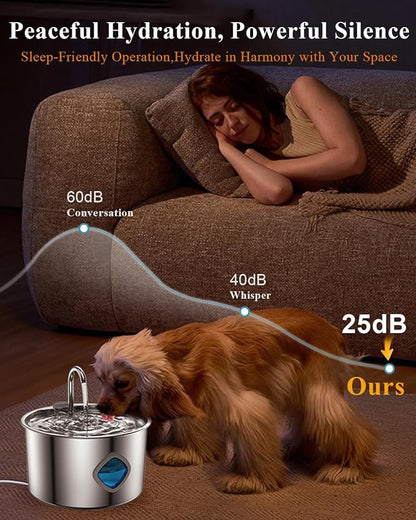 Cat Water Fountain Stainless Steel with 12 Filters Kit [3.2L/108oz] Automatic Water Dispenser with LED Water Level Window, Easy to Clean Metal Pet Drinking Fountain for Kitty to Large Cats Indoor