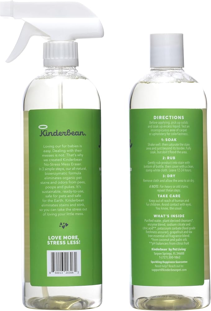 Kinderbean Dog & Cat Urine Stain and Odor Eliminator for Carpet, Upholstery, Hard Floors - 2-Pack 24 oz., Grapefruit Tea Tree Scent, Enzyme Bio-Active Formula with Squeeze and Spray Top