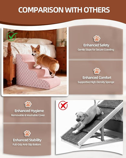 Dog Curved Stairs for High Beds 22" H, 5-Step Pet Stairs for Small Dogs with High Density Foam, Dog Slope Stairs with Durable Non-Slip Bottom Pink