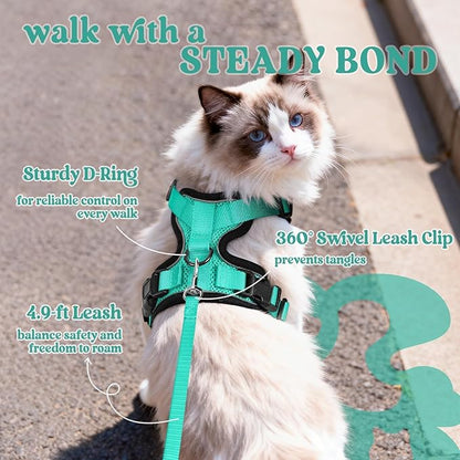 rabbitgoo Cat Harness and Leash for Walking, Escape Proof Soft Adjustable Vest Harnesses for Cats, Easy Control Breathable Reflective Strips Jacket, Emerald, M