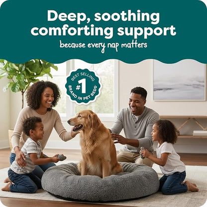 FurHaven 45" Calming Donut Dog Bed for Large Dogs, Round Plush Donut Design with Soft Filling for Snuggling Comfort, Removable Washable Cover, Jumbo XL, Shaggy Faux Fur, Gray