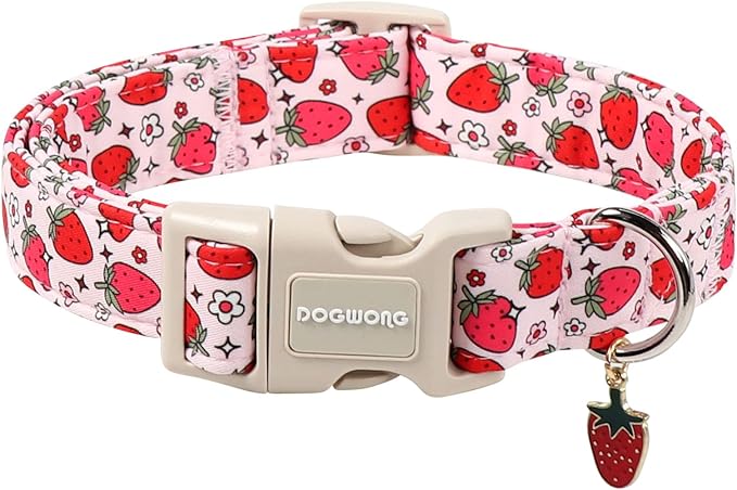 DOGWONG Strawberry Dog Collar, Cute Pink Strawberry Pet Collars with Quick Release Buckle for Puppy Small Medium Large Boy Girl Dogs-XS