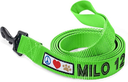 Pawtitas Personalized 6 ft Green Dog Leash XS/S Custom Name and Phone Embroidery Strong Nylon Leash for Small Breeds
