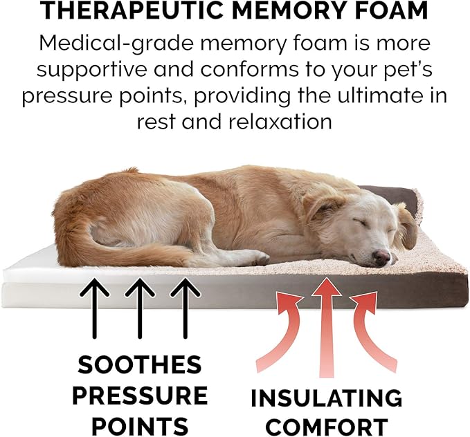 Furhaven Memory Foam Dog Bed for Large/Medium Dogs w/ Removable Bolsters & Washable Cover, For Dogs Up to 55 lbs - Two-Tone Plush Faux Fur & Suede L Shaped Chaise - Espresso, Large