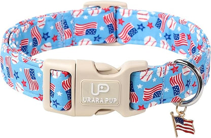 UP URARA PUP 4th of July Dog Collar–American Flag Dog Collars,Patriotic Stars & Baseball Pet Collar with Quick Release,Adjustable for Small/Medium Dogs
