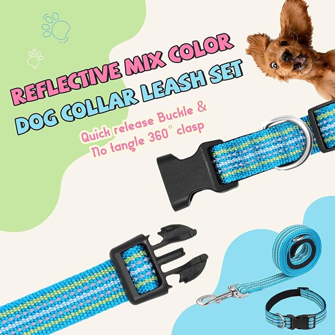 Reflective Dog Collar and Leash Set, Nylon Dog Leash with Heavy-Duty Steel D-Ring, Adjustable with Quick Release Buckle for Large Dogs,Cyan L