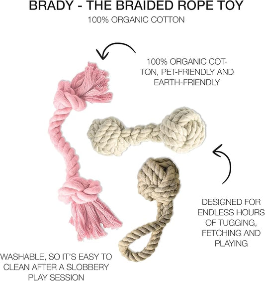 Brady The Rope Tug Toy 3-Pack Organic Cotton Dog Rope Pull Toys for All Pet Breeds, Pink Salt, One Size