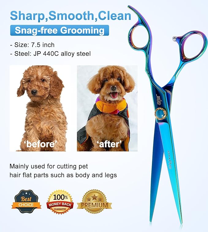 Stjuo 7.5'' Dog Straight Scissors for Grooming 440C Stainless Steel Green Professional Pet Trimming Scissors Sharp Blades Cutting for Dogs and Cats Shears