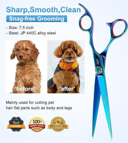 Stjuo 7.5'' Dog Scissors Set for Grooming 440C Stainless Steel Green Professional Pet Trimming Scissors Sharp Blades Cutting for Dogs and Cats Shears